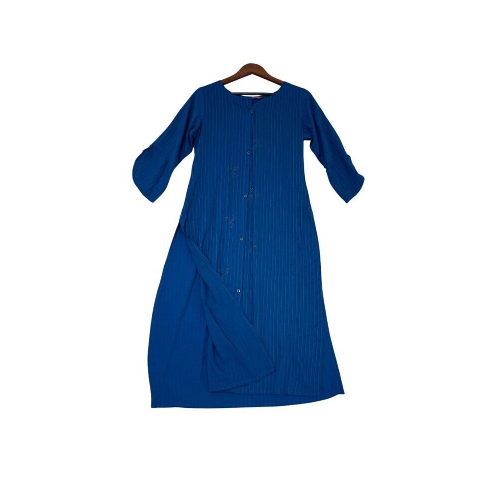 NWT Juliet Women's XL Blue Striped Long Tunic Kameez With Button-Up Front C0785